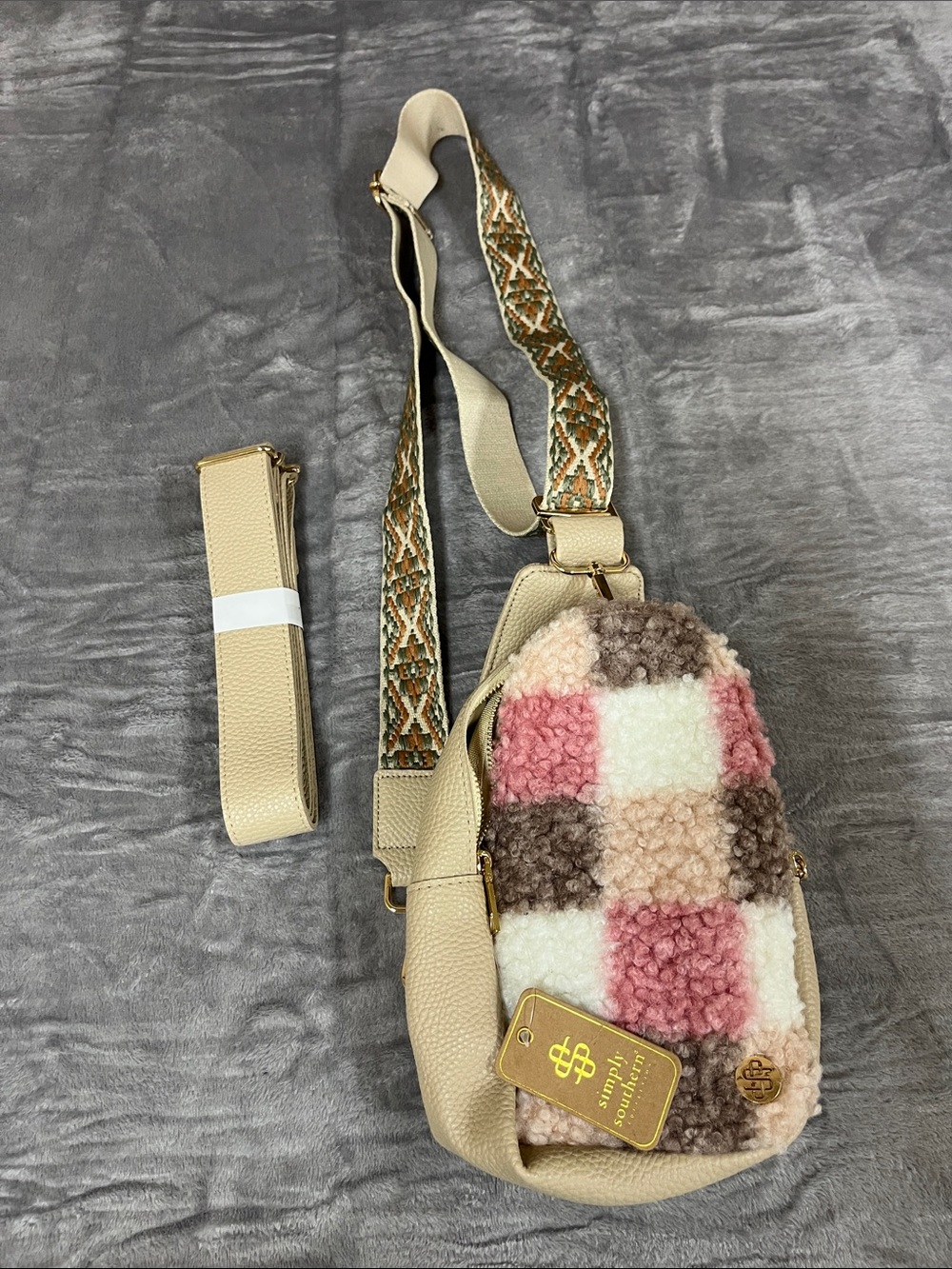 Simply Southern Beige, Pink & Brown Sherpa Patchwork Crossbody Sling